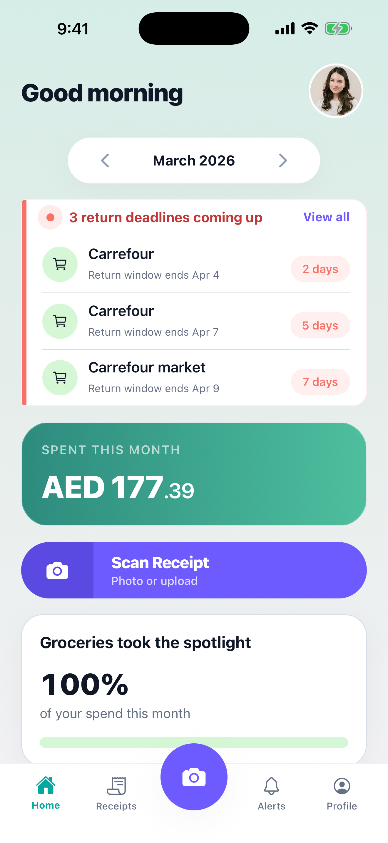 ReceiptSnap on iPhone — alerts and saved receipts